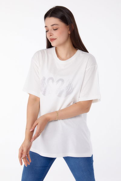 Taşlı T-shirt Ekru - 25696