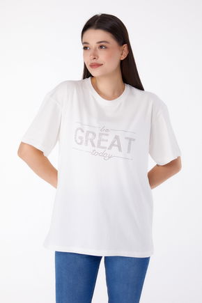 Taşlı T-shirt" Beyaz - 25697