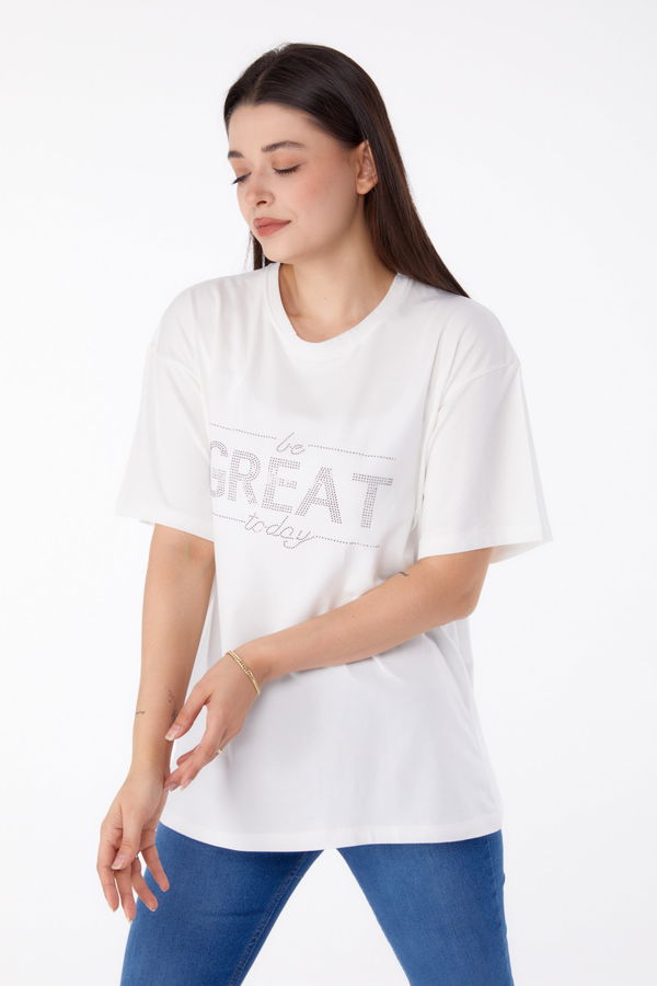 Taşlı T-shirt" Beyaz - 25697