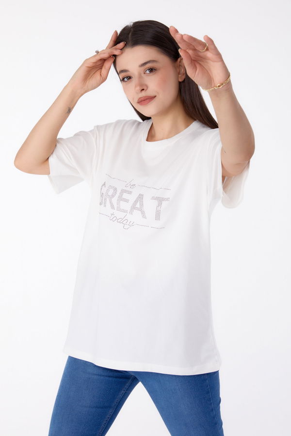 Taşlı T-shirt" Beyaz - 25697