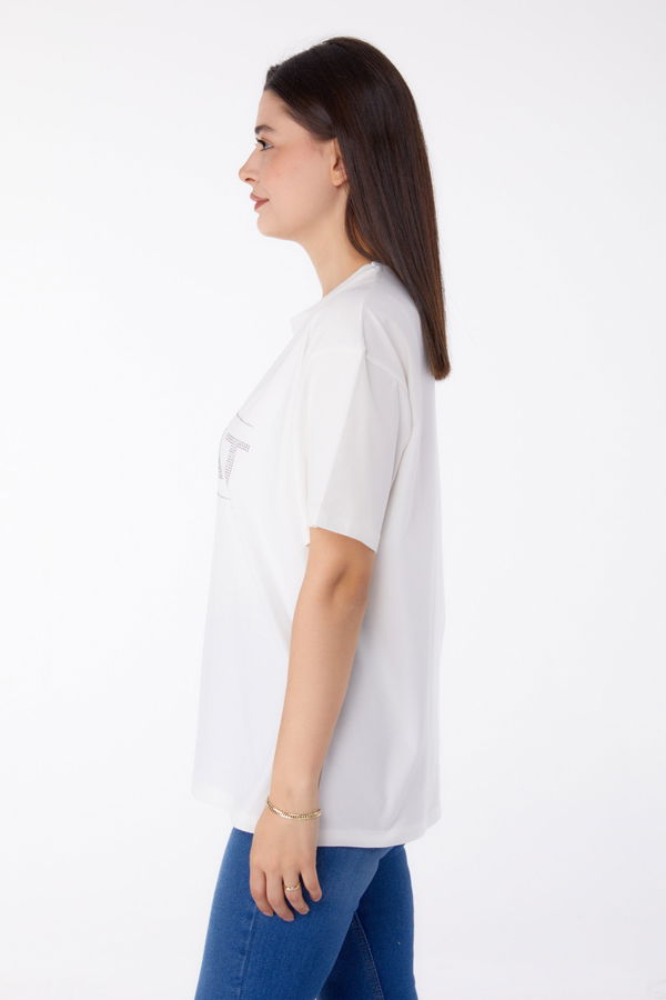 Taşlı T-shirt" Beyaz - 25697