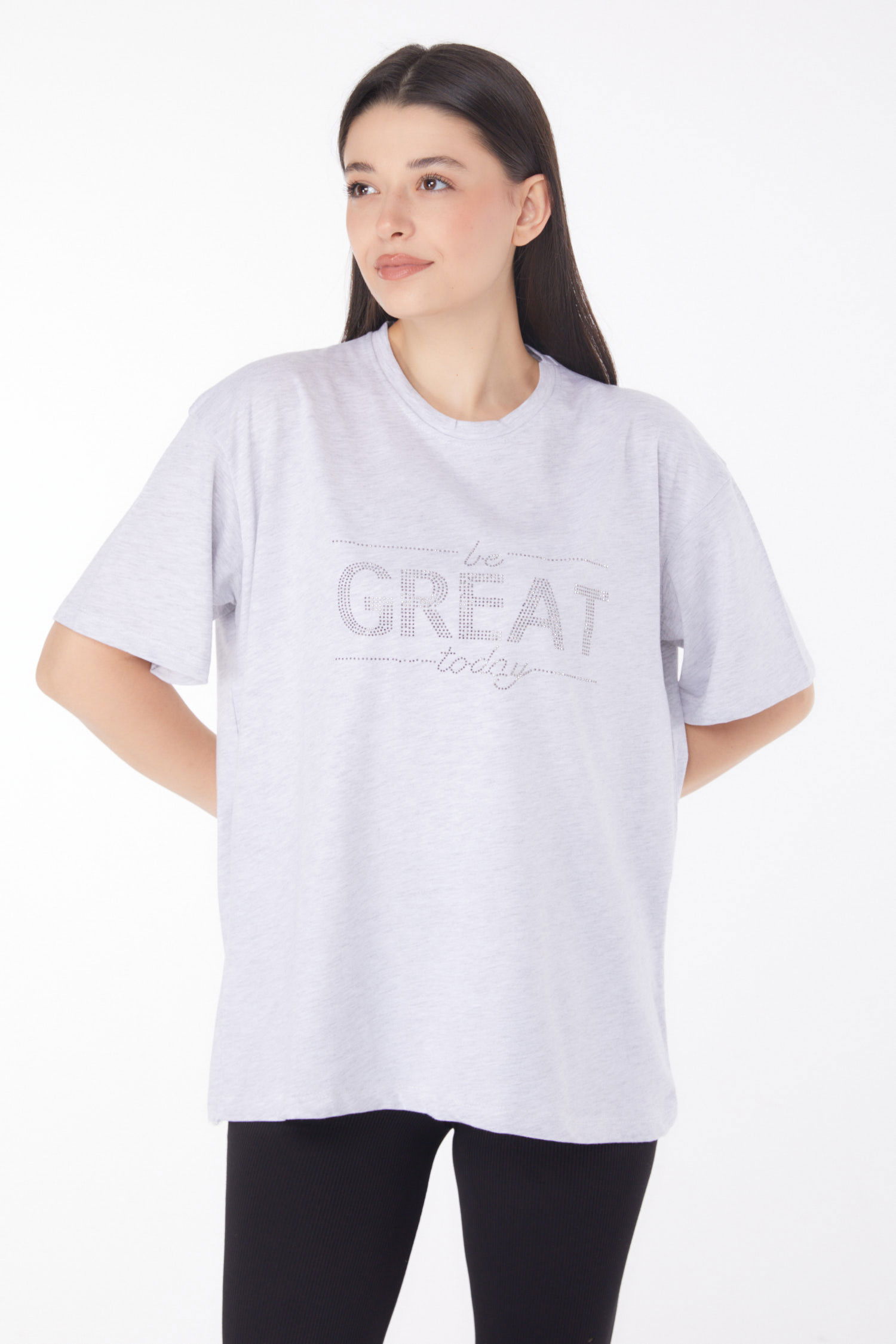 Taşlı T-shirt" Gri - 25697