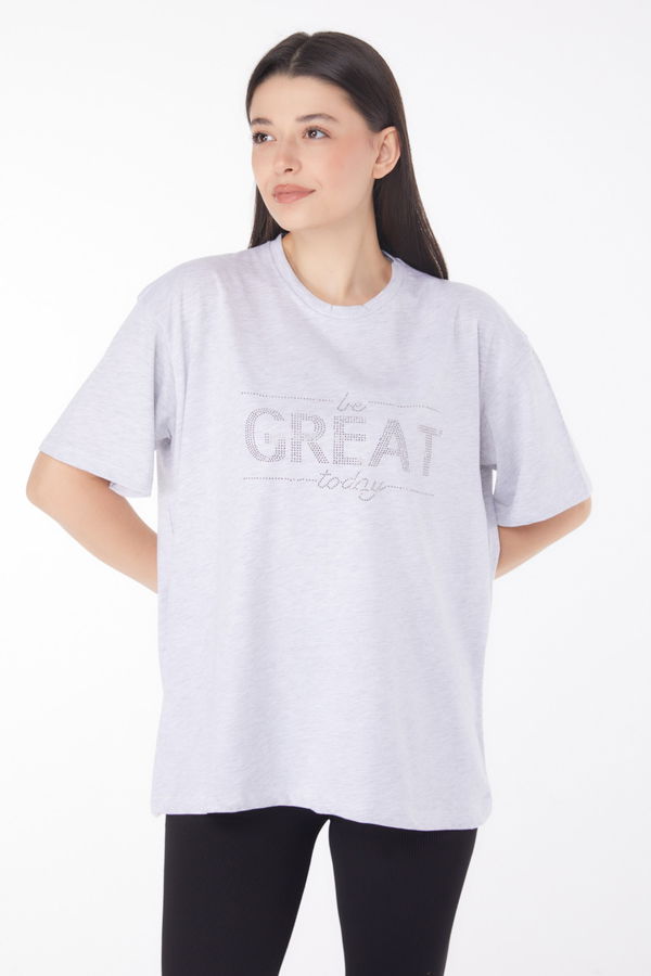Taşlı T-shirt" Gri - 25697