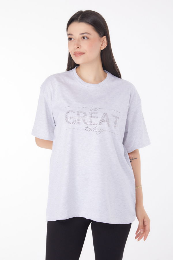 Taşlı T-shirt" Gri - 25697
