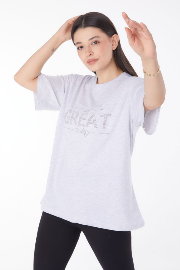 Taşlı T-shirt" Gri - 25697