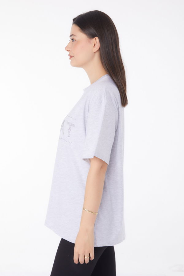 Taşlı T-shirt" Gri - 25697