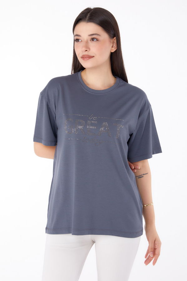 Taşlı T-shirt" Antrasit - 25697