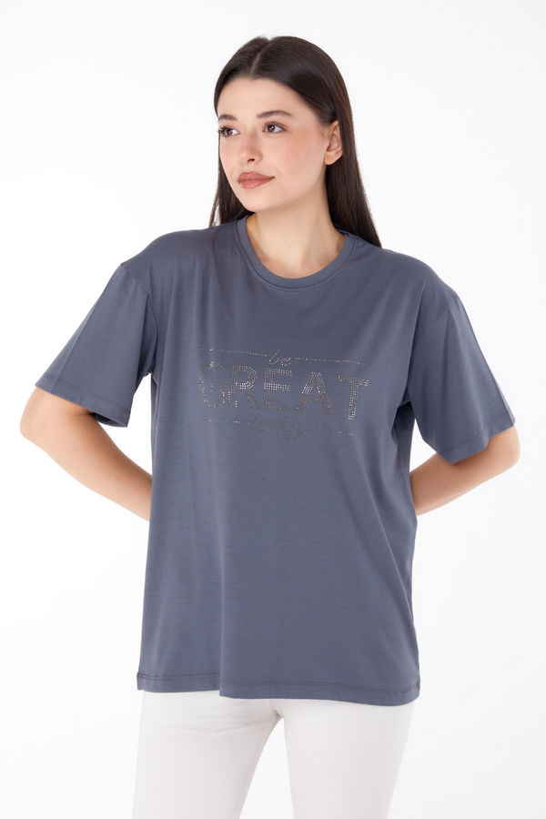 Taşlı T-shirt" Antrasit - 25697