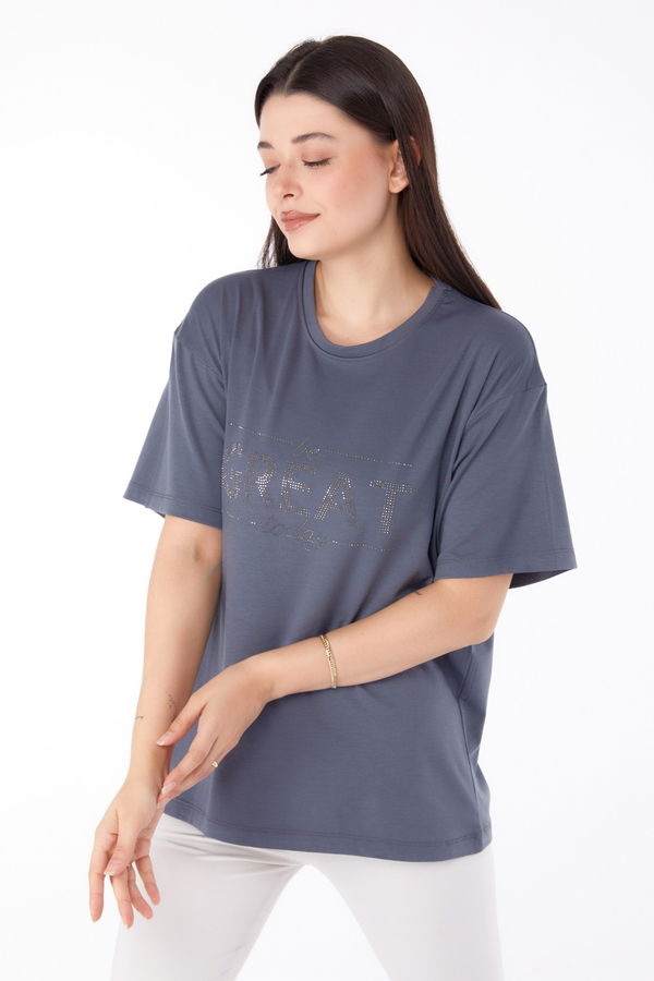 Taşlı T-shirt" Antrasit - 25697
