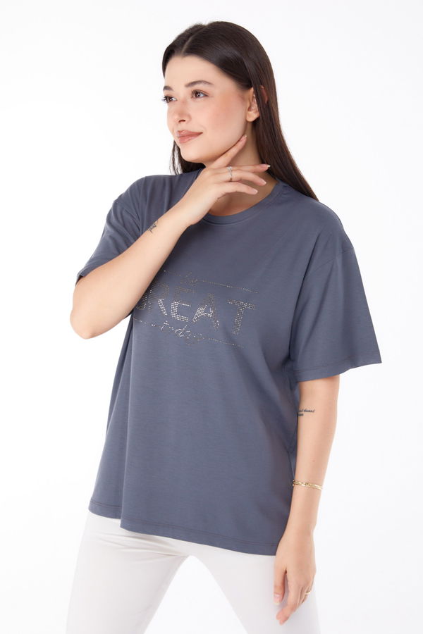 Taşlı T-shirt" Antrasit - 25697