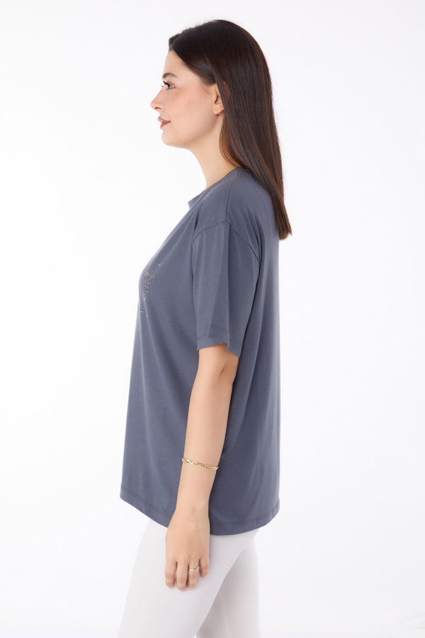 Taşlı T-shirt" Antrasit - 25697