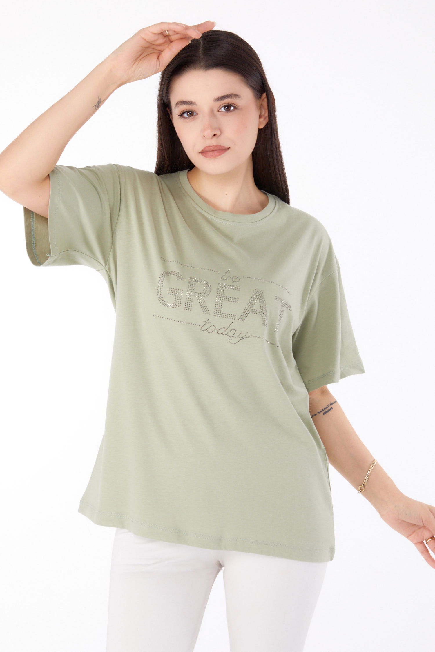 Taşlı T-shirt" Yeşil - 25697