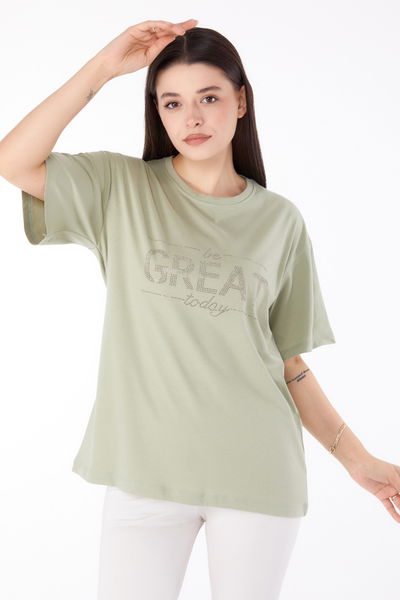 Taşlı T-shirt" Yeşil - 25697