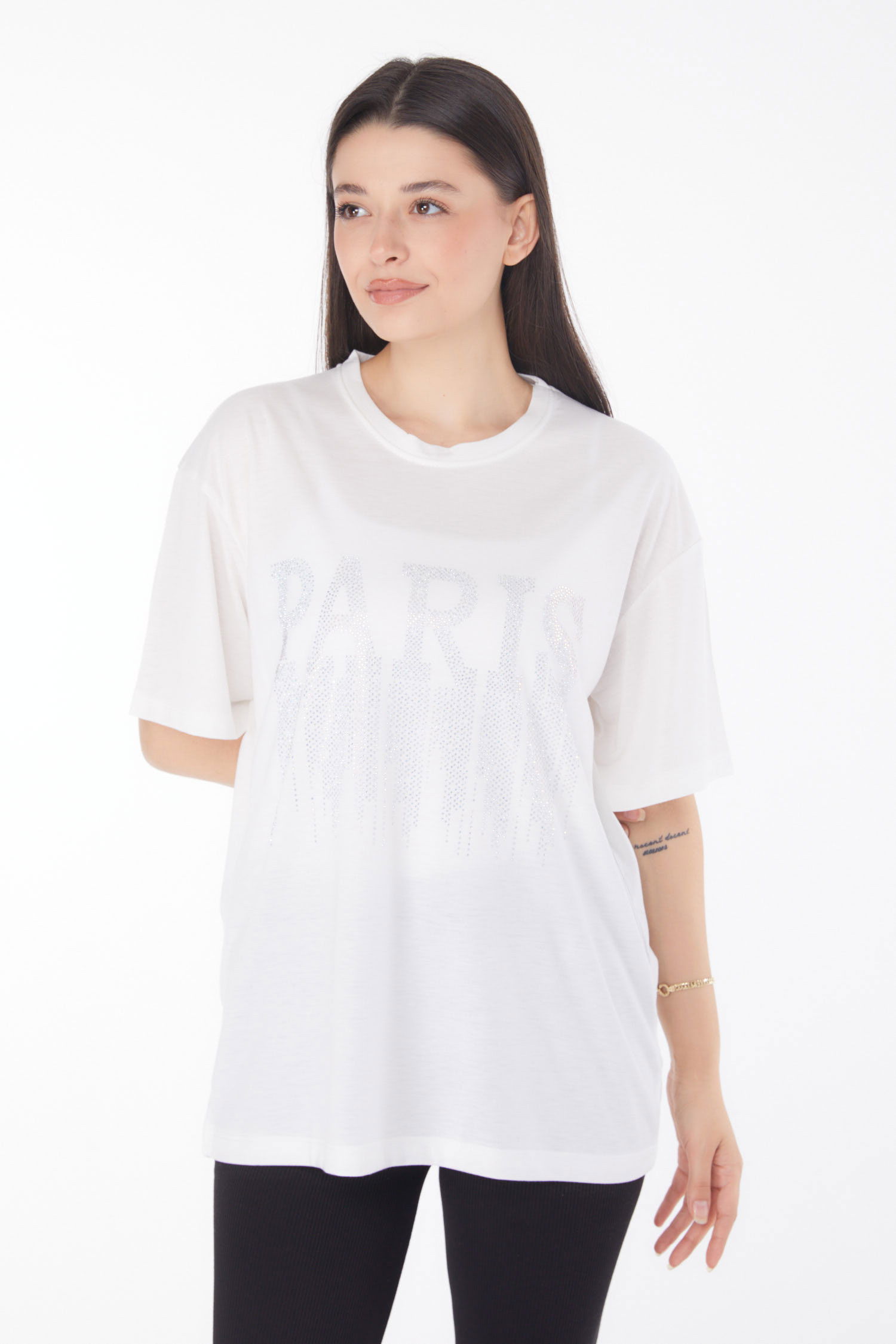 Taşlı T-shirt Ekru - 25698