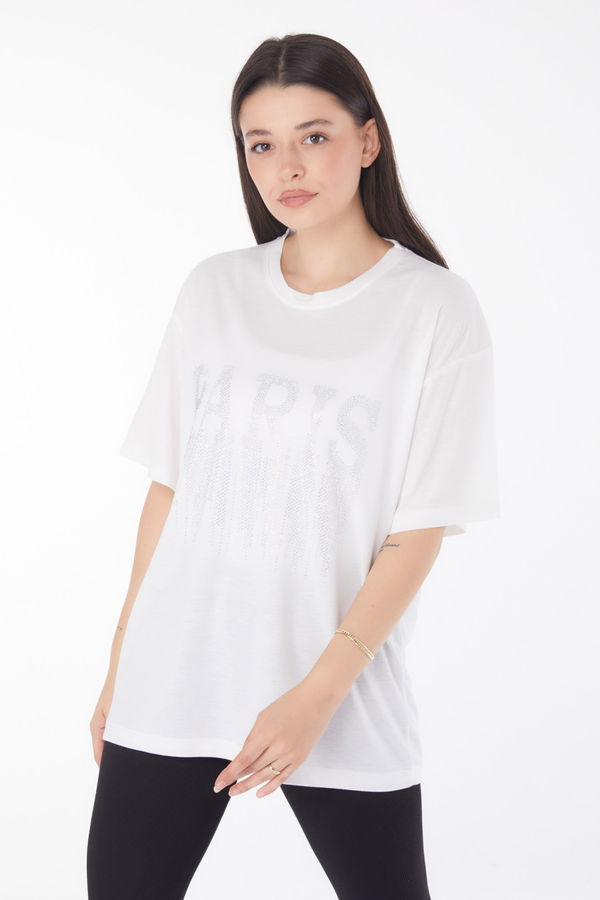 Taşlı T-shirt Ekru - 25698