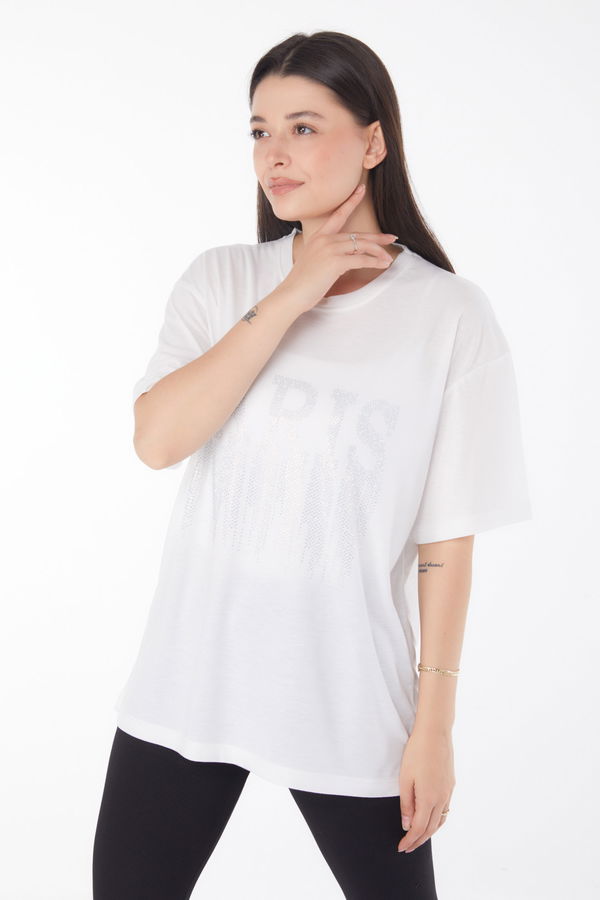 Taşlı T-shirt Ekru - 25698