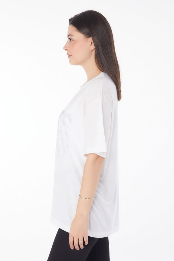 Taşlı T-shirt Ekru - 25698