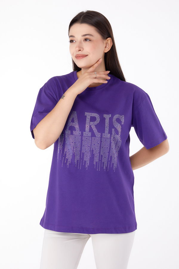 Taşlı T-shirt Mor - 25698