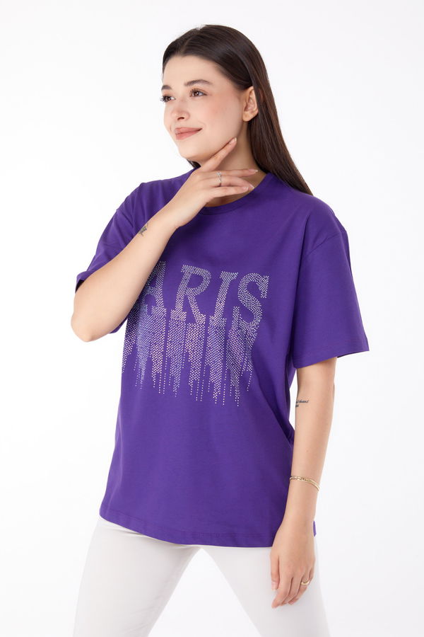 Taşlı T-shirt Mor - 25698