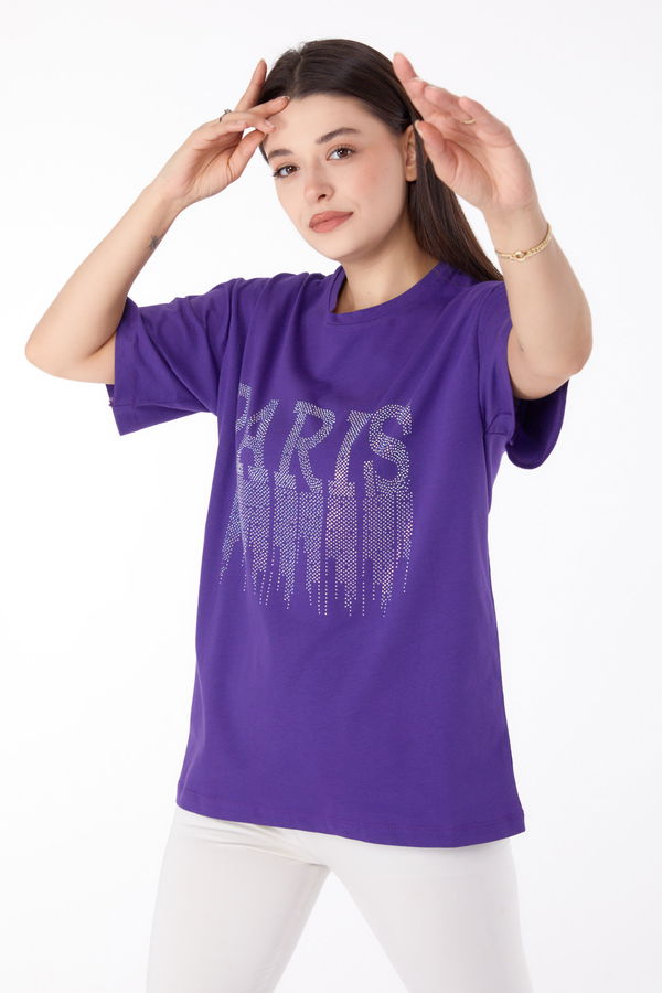 Taşlı T-shirt Mor - 25698
