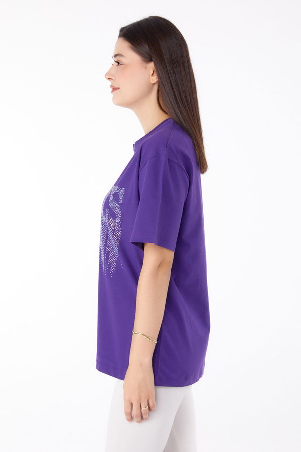 Taşlı T-shirt Mor - 25698