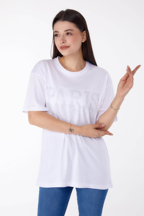 Taşlı T-shirt Beyaz - 25698