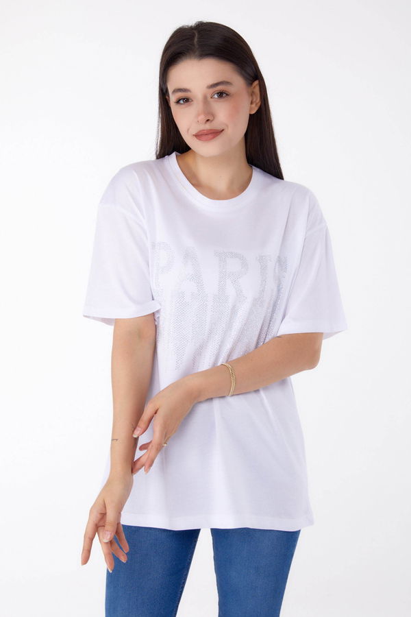 Taşlı T-shirt Beyaz - 25698