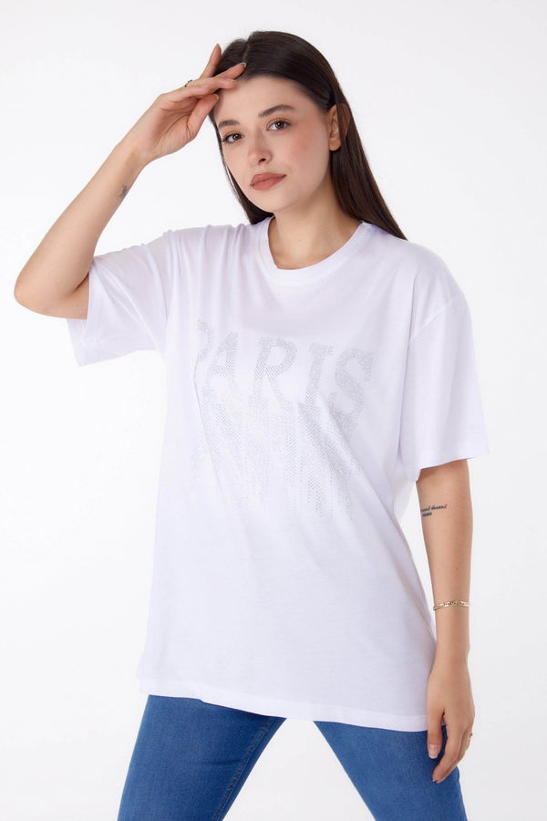 Taşlı T-shirt Beyaz - 25698
