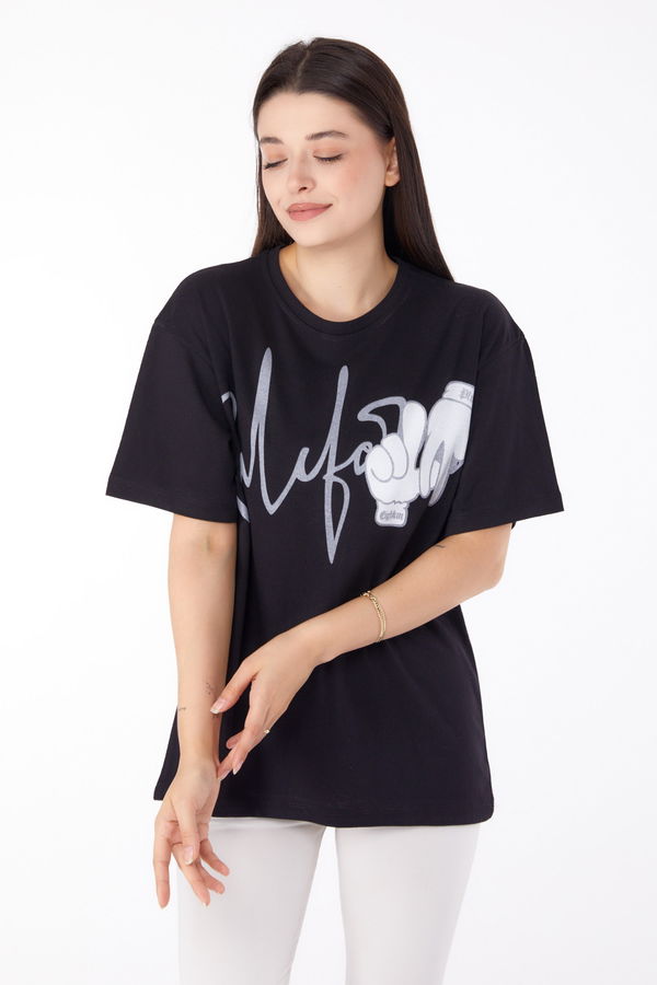 Baskılı T-shirt Siyah - 25702 SİYAH