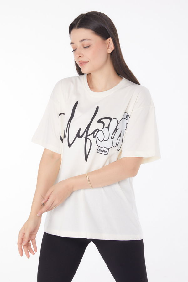 Baskılı T-shirt Ekru - 25702 EKRU