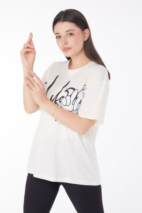 Baskılı T-shirt Ekru - 25702 EKRU