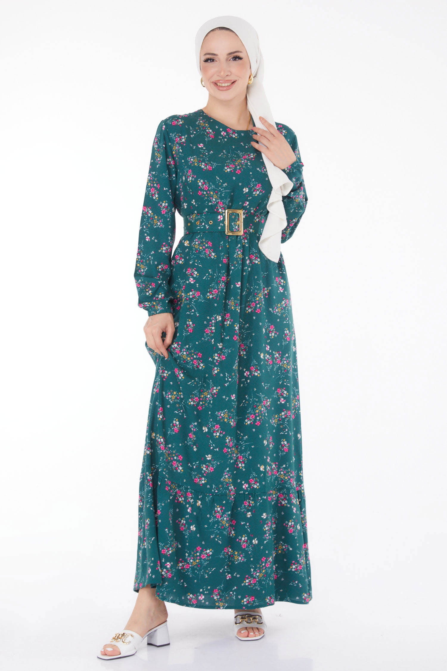 Çicek Desenli Elbise Yeşil - 25706