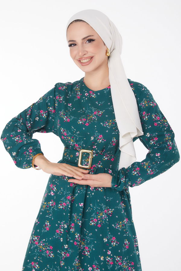 Çicek Desenli Elbise Yeşil - 25706