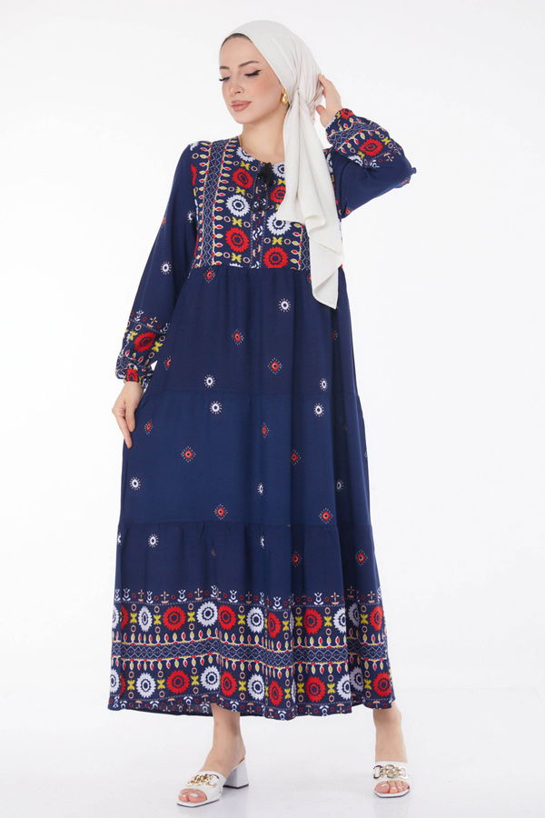 Desenli Elbise Lacivert - 25708 LACİVERT