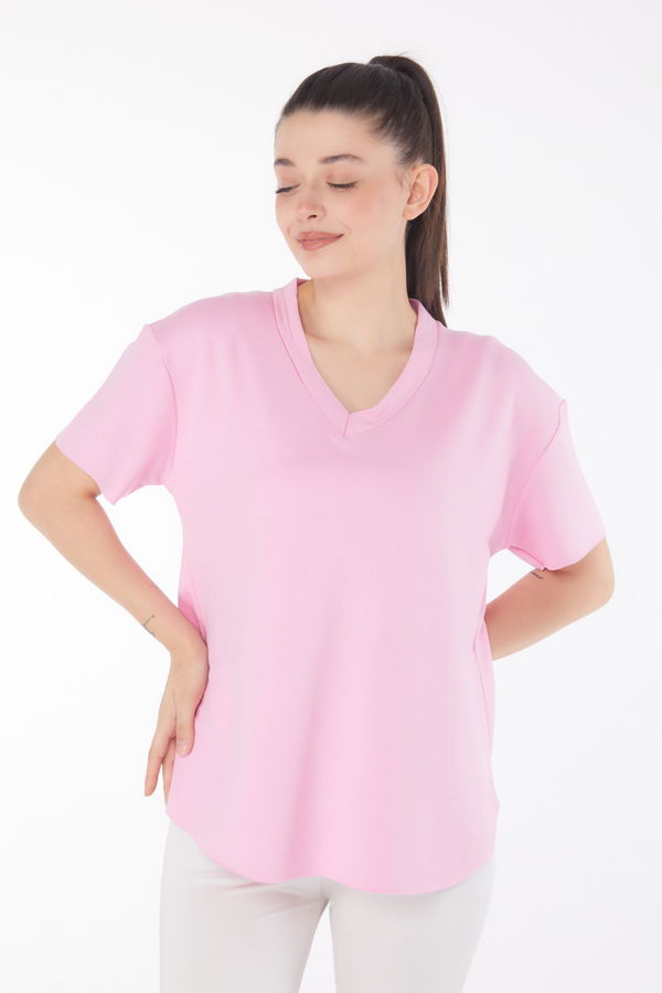 V yaka Kısa Kollu T-Şhirt Pembe - 25845