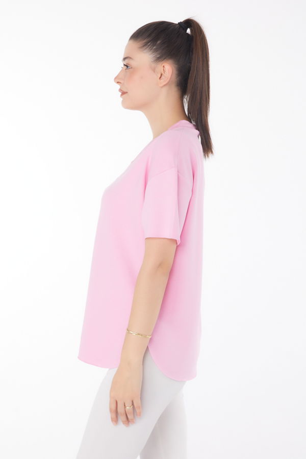 V yaka Kısa Kollu T-Şhirt Pembe - 25845