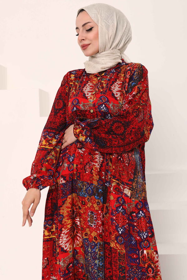 Desenli Düğmeli Elbise - 27043