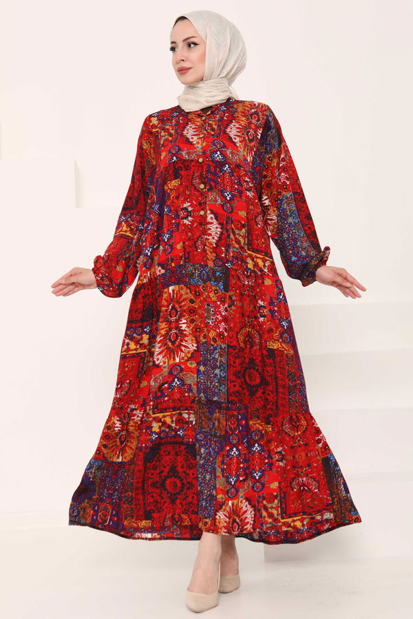 Desenli Düğmeli Elbise - 27043