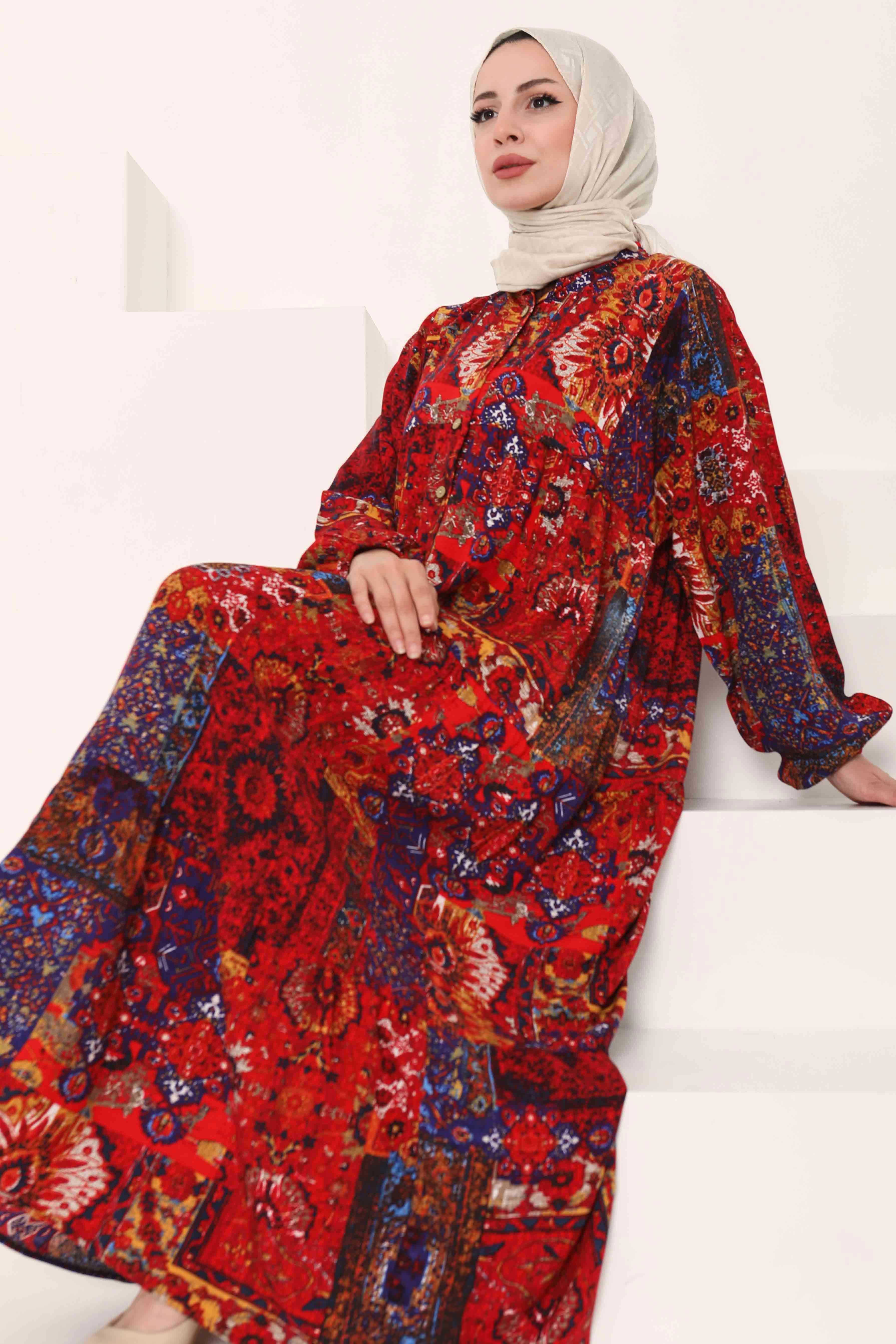 Desenli Düğmeli Elbise - 27043