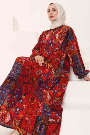 Desenli Düğmeli Elbise - 27043