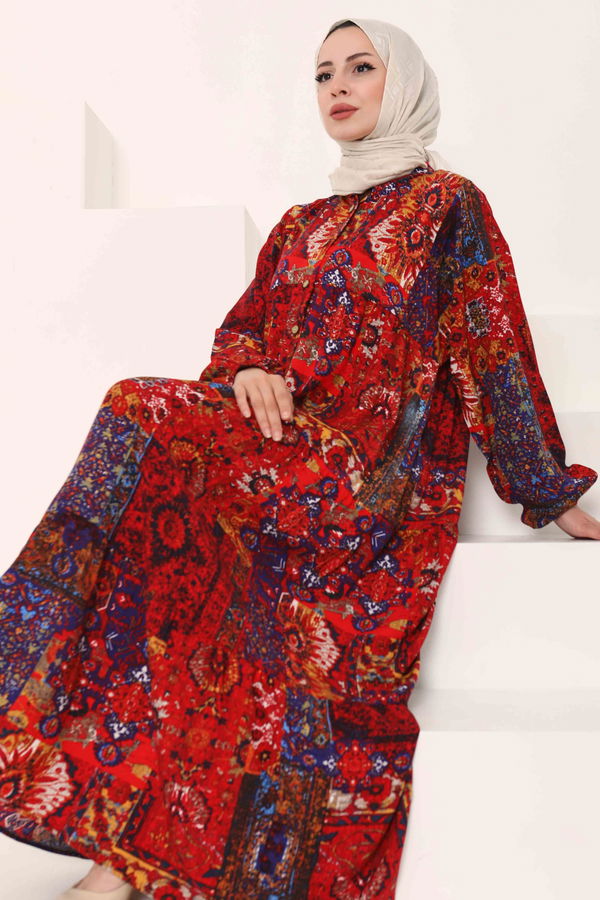 Desenli Düğmeli Elbise - 27043