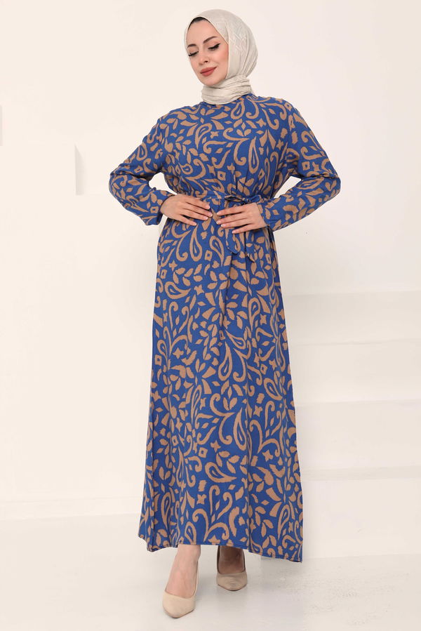 Kuşaklı Desenli Elbise - 27042