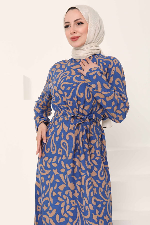 Kuşaklı Desenli Elbise - 27042