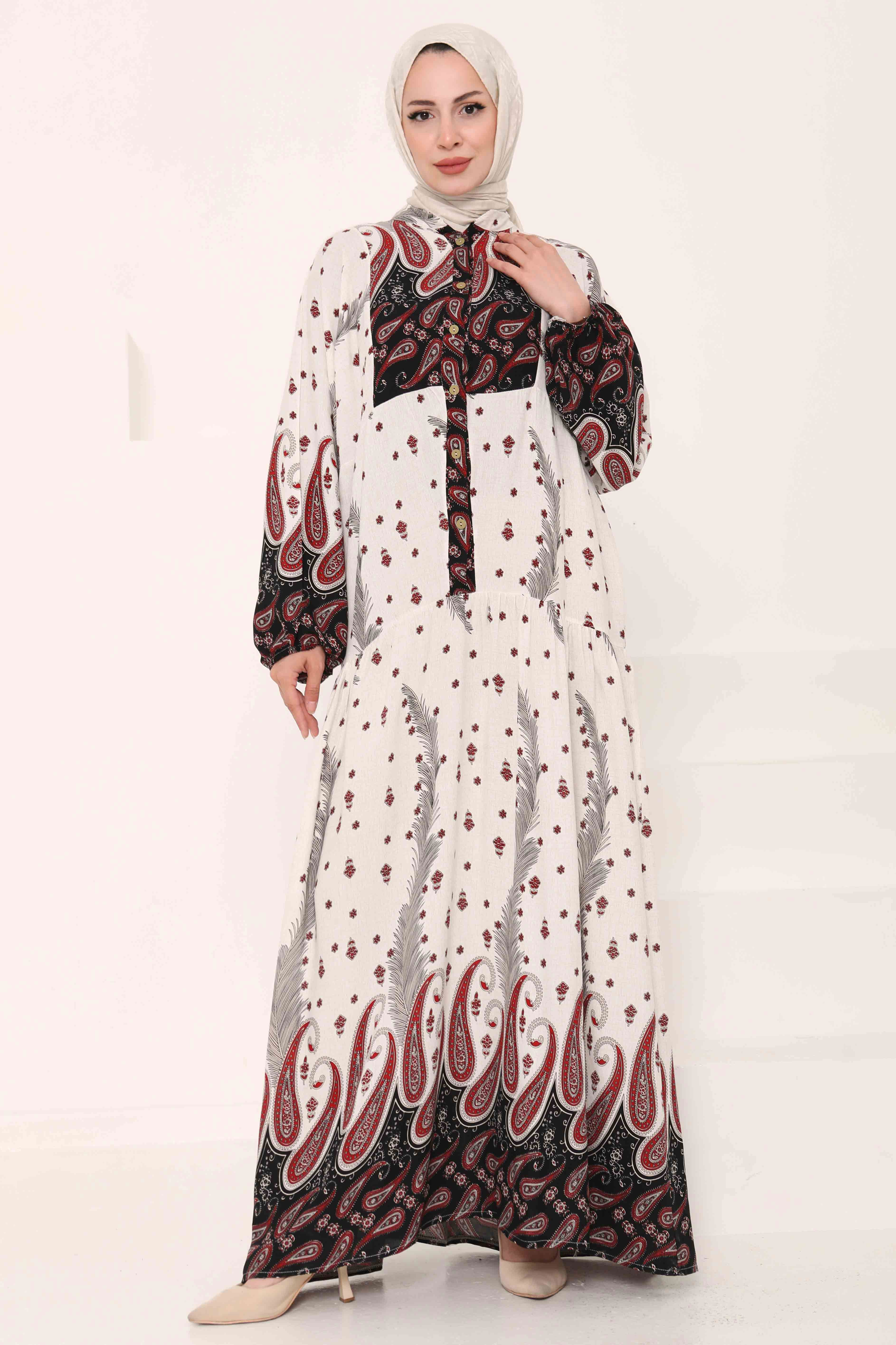 Desenli Düğmeli Elbise - 27040