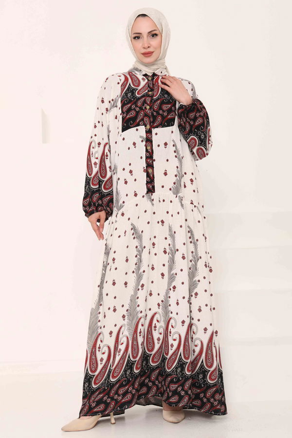 Desenli Düğmeli Elbise - 27040