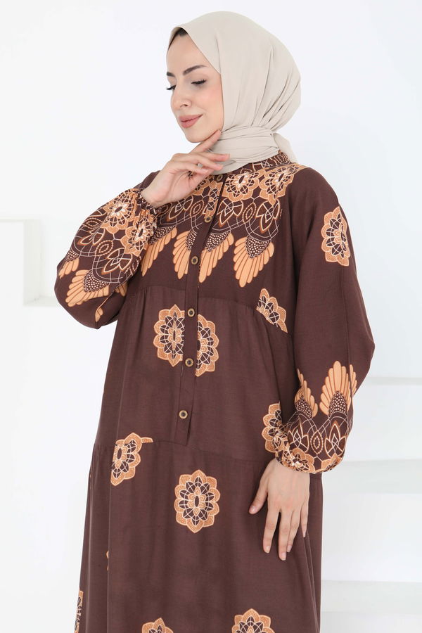 Desenli Düğmeli Elbise - 27262