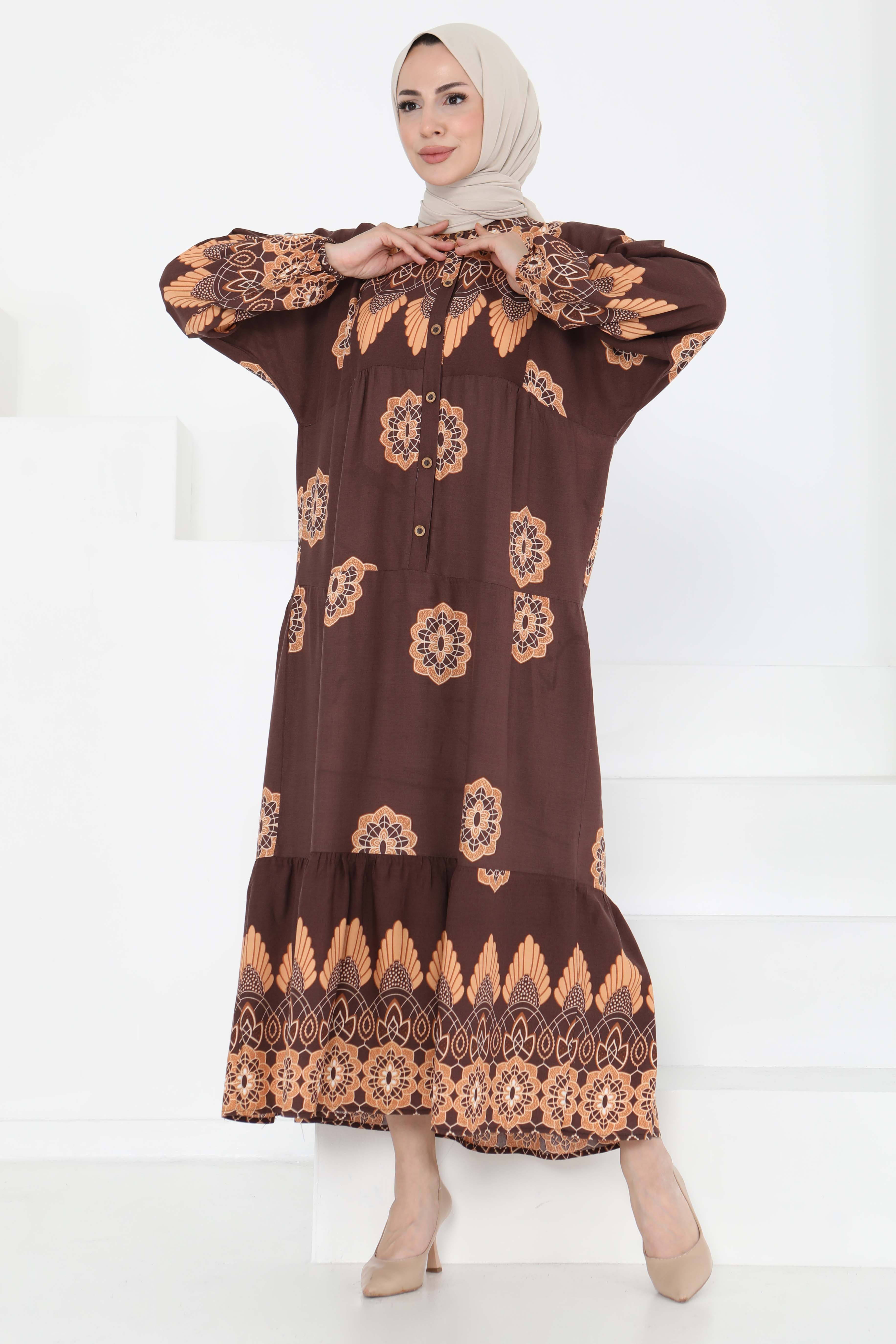Desenli Düğmeli Elbise - 27262