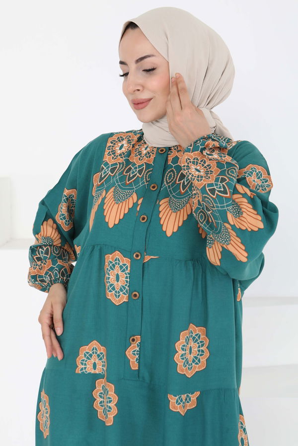 Desenli Düğmeli Elbise - 27262