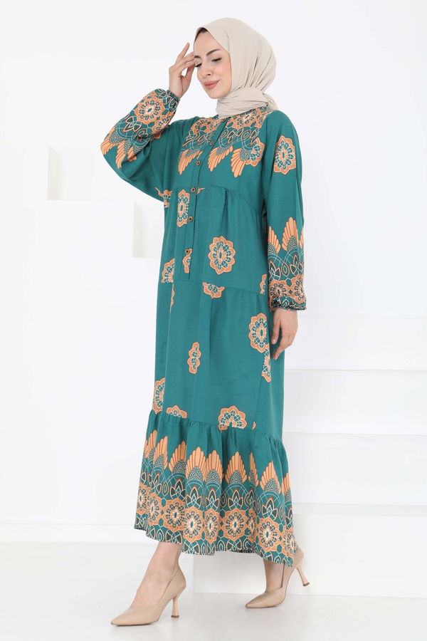 Desenli Düğmeli Elbise - 27262
