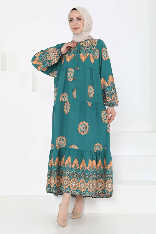Desenli Düğmeli Elbise - 27262